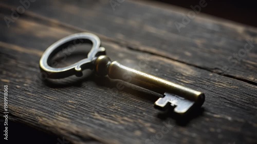 Antique key resting on a weathered wooden surface, close up