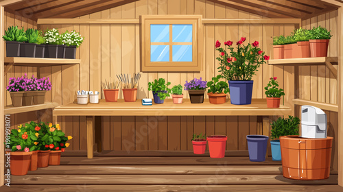 An illustrated garden shed interior filled with plants on shelves and a table