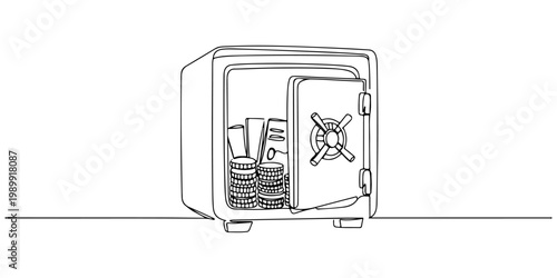 Continuous one line drawing of a safe containing coins and documents, symbolizing asset protection, line art style vector illustration.