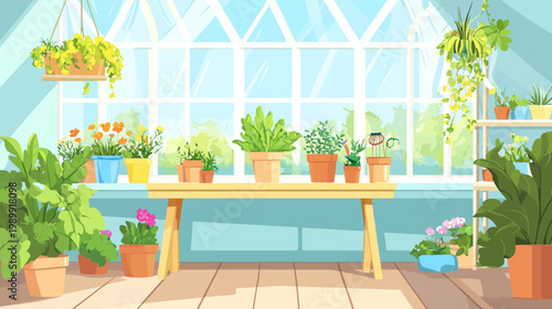 Interior illustration of a bright sunlit greenhouse, filled with an array of potted plants