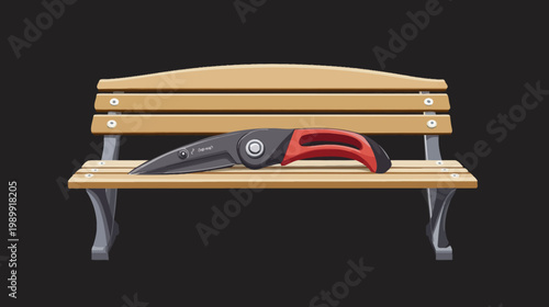 A detailed illustration of a park bench with a sharp gardening tool resting on its wooden planks