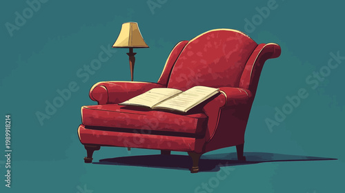 A cozy illustration showing a red armchair with an open book and a golden lamp. A relaxing scene