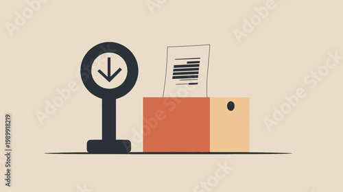 Minimalist illustration featuring a document, printer, and download symbol