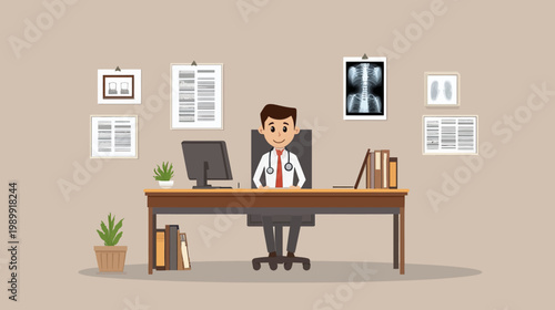 A doctor's office illustration with a smiling doctor sitting at his desk. X-ray and papers are displayed