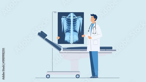 A doctor stands beside an X-ray showing a human spine and chest. Medical equipment is visible