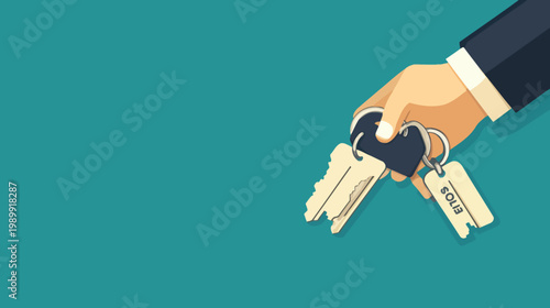 Illustration of a hand holding a key ring with keys and a tag, set against a teal background