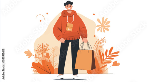Cheerful figure in casual attire, holding a shopping bag against a backdrop of decorative foliage