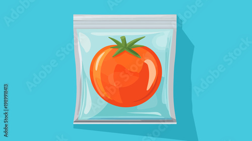 Illustration of a single tomato inside a transparent plastic bag on a turquoise background