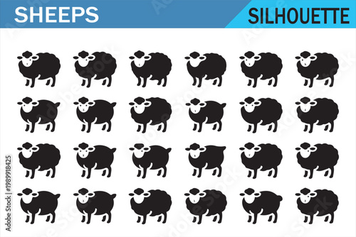 Black sheep silhouettes set isolated on white for livestock and farm themes