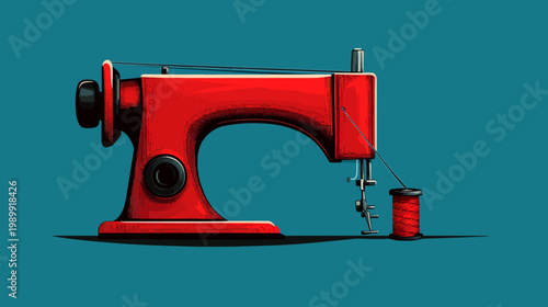 A red sewing machine with thread spool against a turquoise backdrop. Simple vector illustration