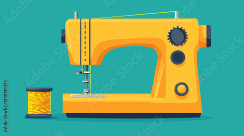 A vibrant, flat vector illustration featuring a yellow sewing machine and a spool of thread