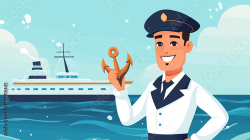 A cartoon captain on a cruise, with anchor, ship, sea and sky elements