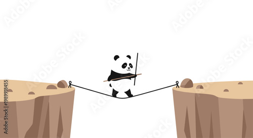 A determined panda bear walks across a thin tightrope stretched between two high brown cliffs while holding a long wooden balancing pole against white.