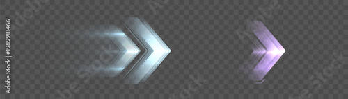 A glowing arrow with a motion effect and a trail of high-speed flow, isolated on a transparent background. Vector directional interface symbol for navigation.