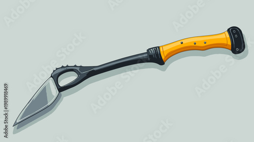 Illustration of a modern hatchet with an orange handle and dark gray blade, set against a gray backdrop