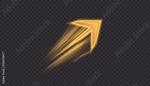 A glowing arrow with a motion effect and a trail of high-speed flow, isolated on a transparent background. Vector directional interface symbol for navigation.