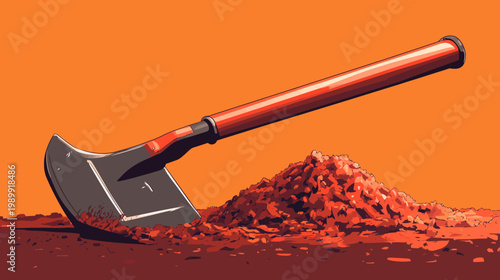 Pixelated illustration of a shovel, seemingly embedded in a pile of reddish earth, with an orange backdrop