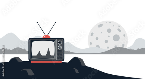 A classic vintage television set sits prominently on a dark lunar surface with a massive cratered moon visible in the hazy gray background landscape.