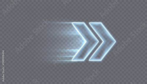 A glowing arrow with a motion effect and a trail of high-speed flow, isolated on a transparent background. Vector directional interface symbol for navigation.