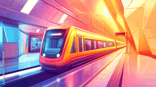 Pixelated artwork depicts a brightly colored train pulling into a vibrant, geometric station