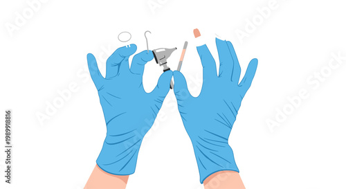 Two hands wearing bright blue sterile surgical gloves hold a variety of specialized medical and dental instruments against a clean and plain white background.