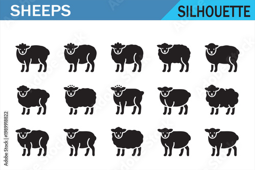 Sheep silhouette set with multiple farm animal poses isolated on white background