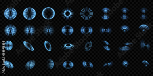 A set of radar style circular pulse interfaces with glowing concentric rings of blue light. Includes scanning visuals, pulse rotation, and digital detection elements on a dark background.	
