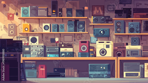 A pixelated depiction of a workshop, filled with speakers, electronics, and various audio equipment