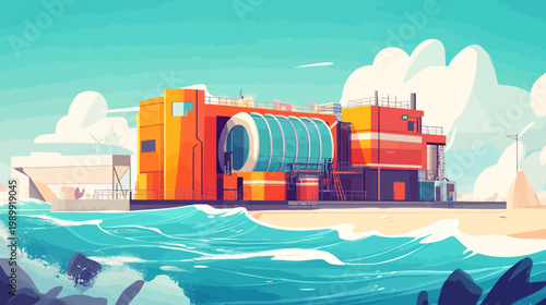 Stylized illustration of a modern building by the ocean, with vibrant colors and geometric forms