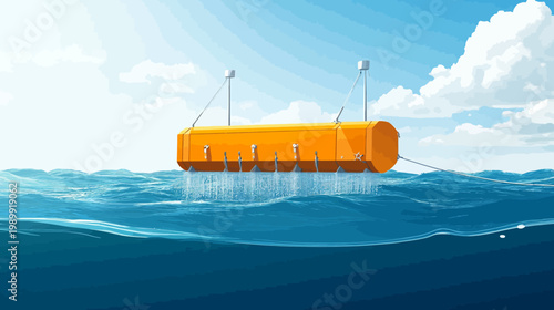 An illustration depicts a yellow buoy-like object generating energy from ocean waves, under a cloudy sky