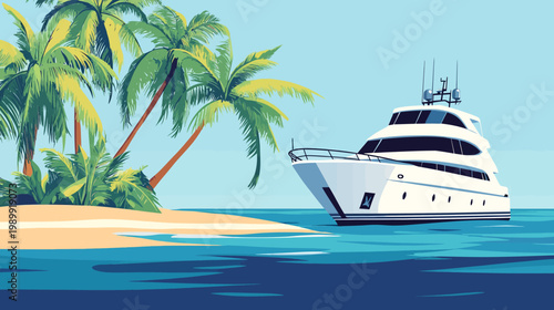 Pixelated artwork of a yacht near a tropical island with palm trees and a clear blue sky