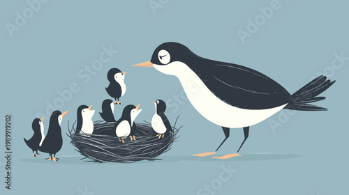 A large bird inspects a nest filled with baby birds. Background is light blue, birds are black/white