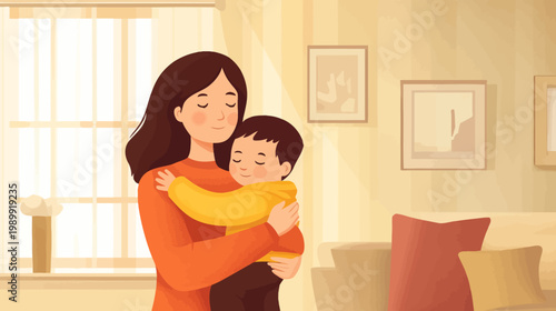 A mother embraces her child in a warm embrace, symbolizing love, care and home