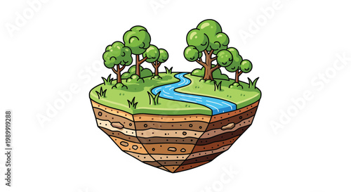 A whimsical cartoon-style geological slice of land features a lush green forest and a winding blue river resting atop detailed underground soil layers.