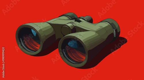 Close-up illustration of olive-green binoculars against a vibrant red background with a drop shadow