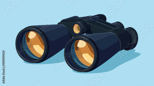 Digitally created illustration of binoculars, featuring black casing, golden lenses, and a light blue background