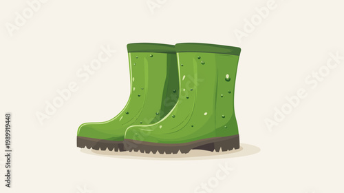 Illustration of a pair of bright green rubber boots, perfect for puddles. Set on a cream background