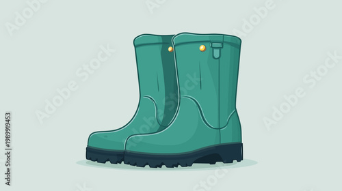 Illustration of a pair of green rubber boots with a rugged sole, ready for outdoor adventures