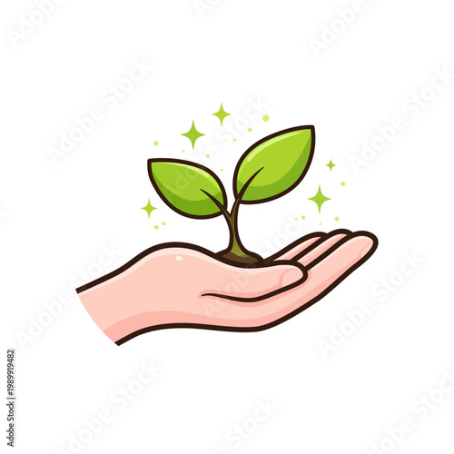 Young sprout in hand illustration, growth and sustainability symbol.