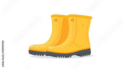 Illustration of a pair of yellow rain boots with a black sole on a white background
