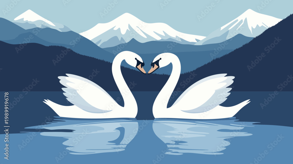 Fototapeta premium Pixelated artwork showcasing two white swans with necks forming a heart shape, reflecting in water with mountains