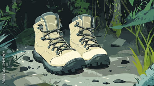 Illustration of two hiking boots, with laces, positioned in nature. Bushes surround them