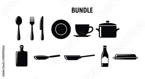Black silhouette icons depicting a variety of kitchenware and dinnerware