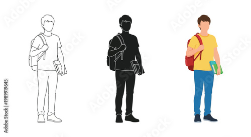 Three variations of a young man with a backpack and books