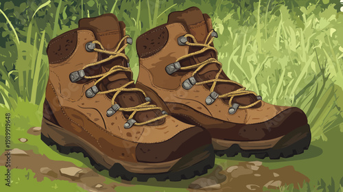 Illustration of two brown hiking boots with yellow laces resting in grass. Green background
