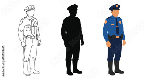 Three depictions of a police officer in varying styles and colors