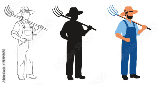 Three depictions of a farmer carrying a pitchfork outline silhouette and color