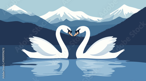 Pixelated artwork showcasing two white swans with necks forming a heart shape, reflecting in water with mountains