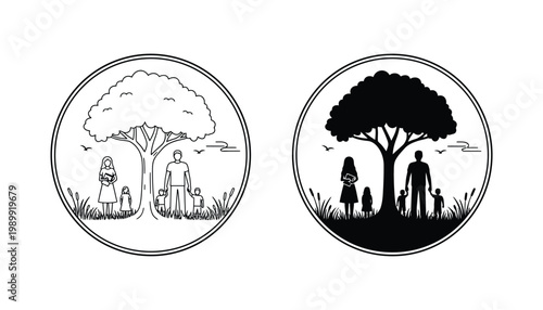 Family tree nature icon set featuring people standing under tree in circular frame in outline and solid glyph styles for genealogy and social community project design elements