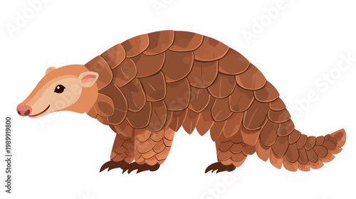 A cartoon illustration of a pangolin, a scaly mammal, shown in profile, walking on a white background